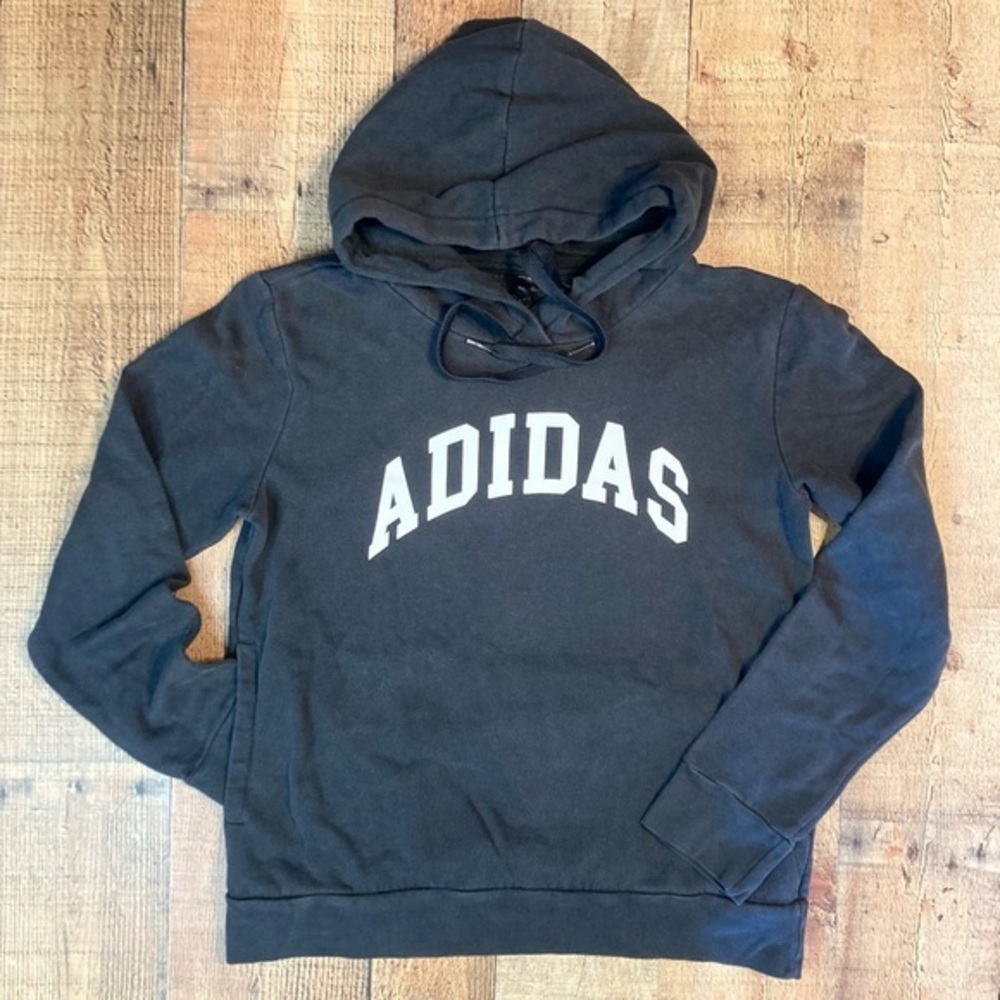 Adidas Black Arched Logo Pullover Hoodie Sweatshirt Mens Medium Pockets